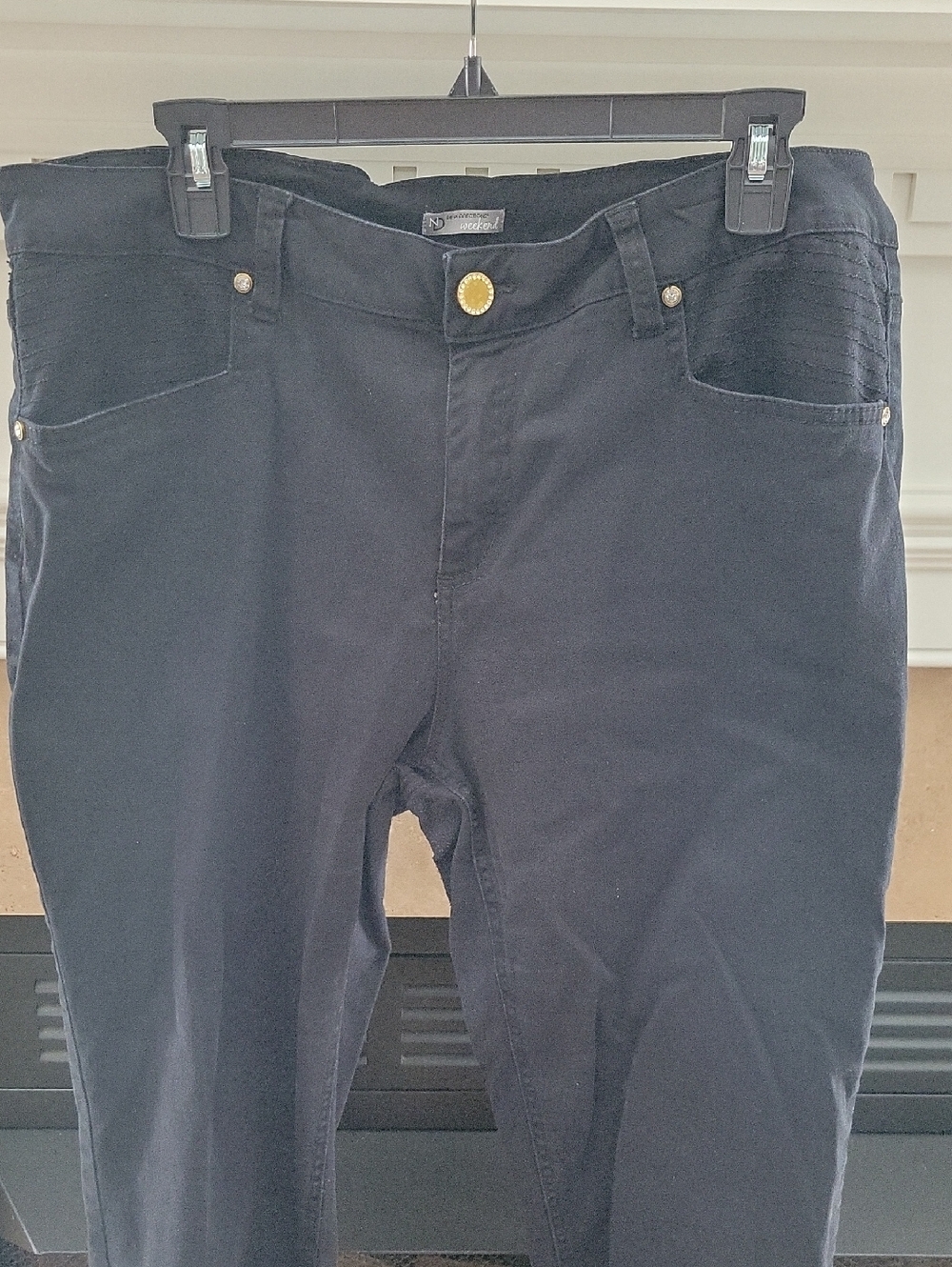 new directions Black Stretch Pants with Gold-Tone Button